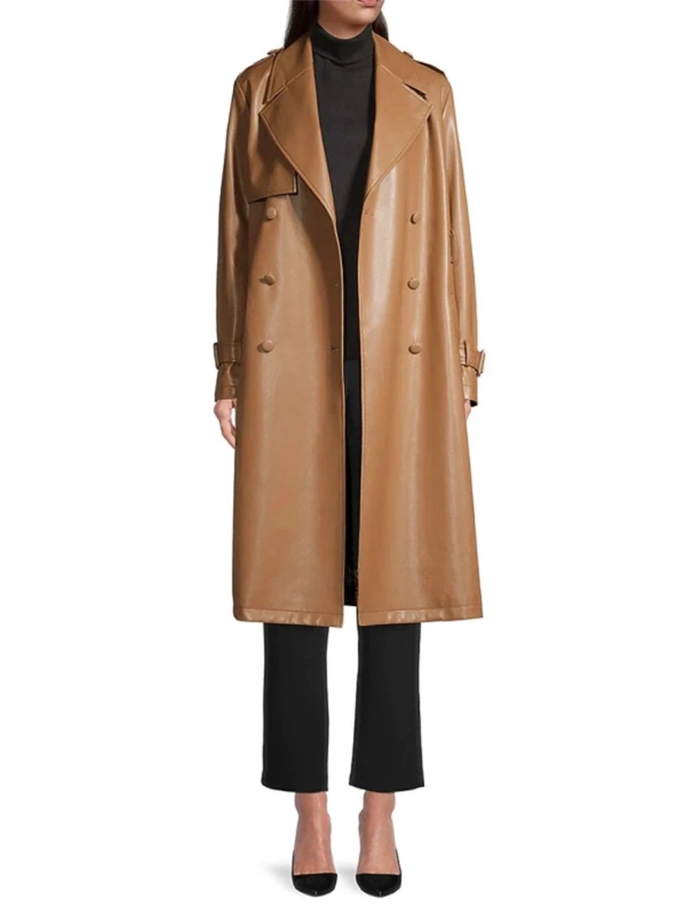 $250 ELIE TAHARI Vegan Leather Trench Coat S Desert Brown Double-Breasted Belted